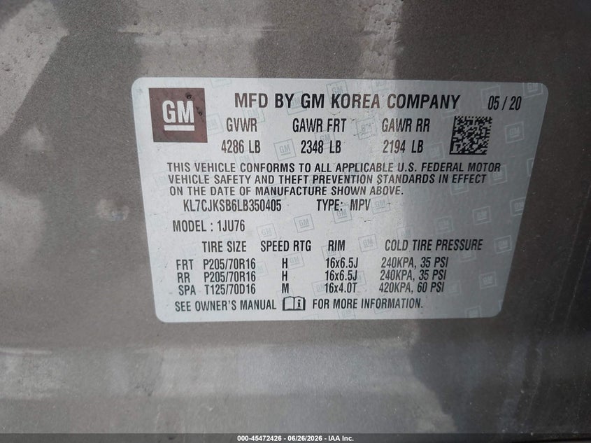 2020 Chevrolet Trax VIN KL7CJKSB6LB350405 IAAI salvage auction — FRONT END, Clear Claim Paid (Wisconsin), sold $2,250 on 2026-07-07 (photo 9)