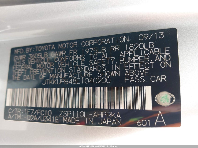 2014 Scion Xd VIN JTKKUPB48E1040200 IAAI salvage auction — FRONT & REAR, Salvage (California), sold $400 on 2026-07-23 (photo 9)
