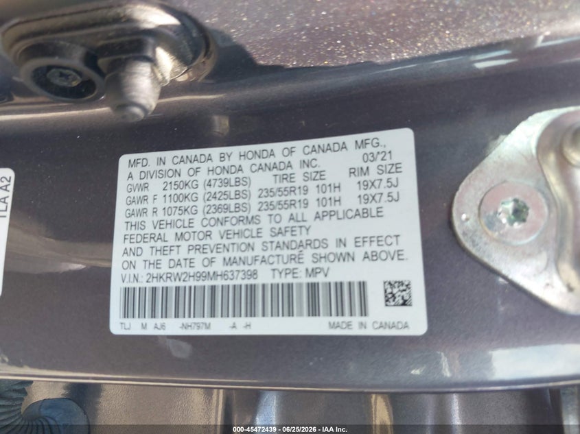 2021 Honda Cr-v VIN 2HKRW2H99MH637398 IAAI salvage auction — SIDE, Salvage (Virginia), sold $7,800 on 2026-07-31 (photo 9)