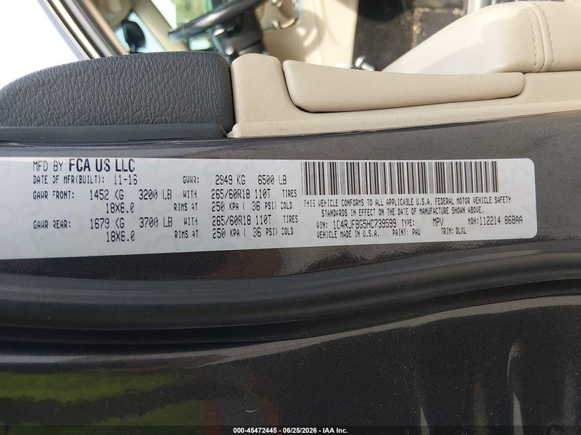 2017 Jeep Grand cherokee VIN 1C4RJFBG5HC739599 IAAI salvage auction — RIGHT FRONT, Salvage (Pennsylvania), sold $3,500 on 2026-07-29 (photo 9)