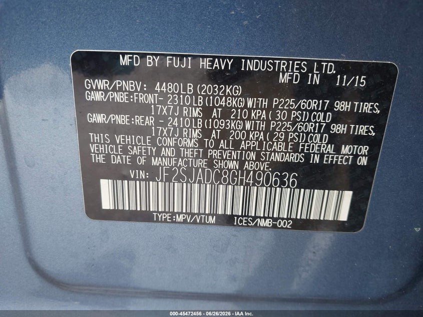 2016 Subaru Forester VIN JF2SJADC8GH490636 IAAI salvage auction — REAR END, Salvage (Ohio), sold $2,800 on 2026-07-08 (photo 9)