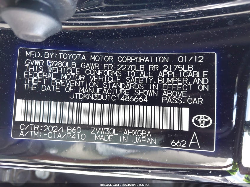 2012 Toyota Prius VIN JTDKN3DU1C1486664 IAAI salvage auction — NORMAL WEAR, Clear (Georgia), sold $3,775 on 2026-07-15 (photo 9)