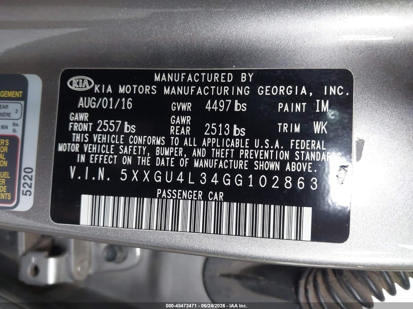 2016 Kia Optima VIN 5XXGU4L34GG102863 IAAI salvage auction — NORMAL WEAR, Clear (Georgia), sold $375 on 2026-07-28 (photo 9)