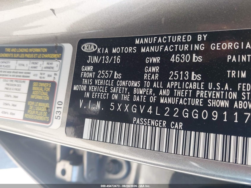2016 Kia Optima VIN 5XXGV4L22GG091172 IAAI salvage auction — FRONT & REAR, Clear (Georgia), sold $875 on 2026-07-19 (photo 9)