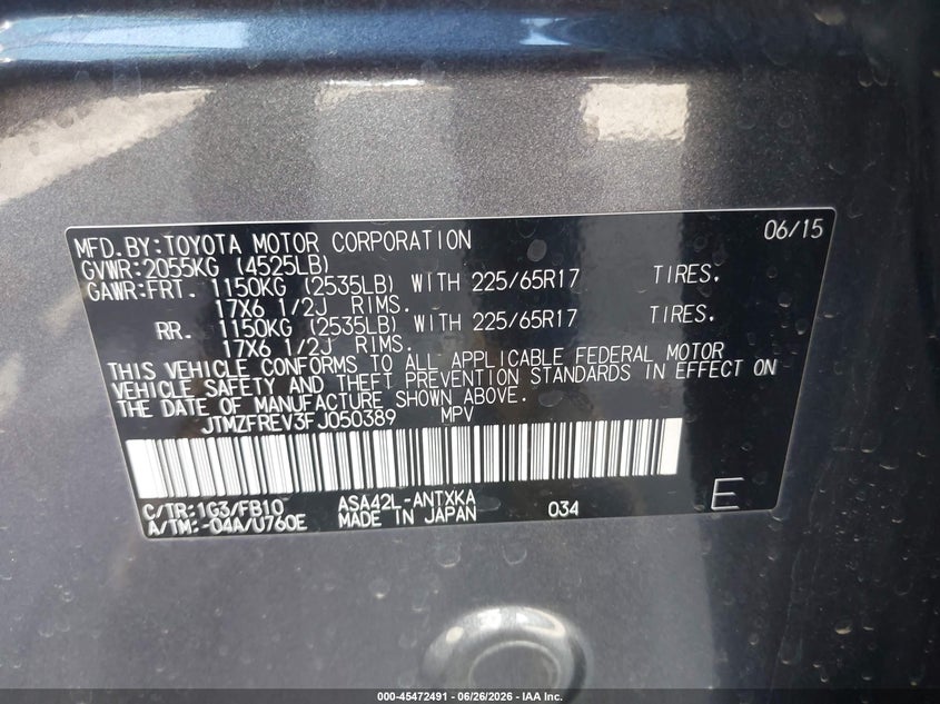2015 Toyota Rav 4 VIN JTMZFREV3FJ050389 IAAI salvage auction — ROLLOVER, Salvage Title, sold $2,650 on 2026-07-28 (photo 9)