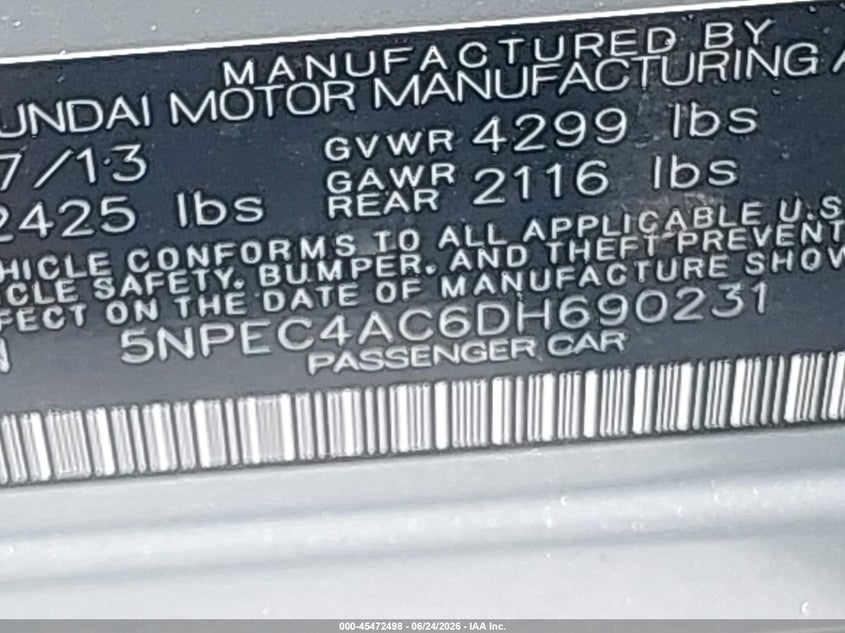 2013 Hyundai Sonata VIN 5NPEC4AC6DH690231 IAAI salvage auction — FRONT END, Original (Texas), sold $425 on 2026-07-31 (photo 9)