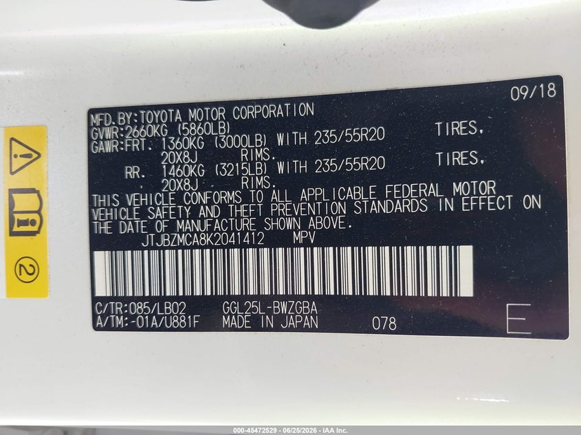2019 Lexus Rx VIN JTJBZMCA8K2041412 IAAI salvage auction — FRONT END, Rebuildable (Florida), sold $15,500 on 2026-07-30 (photo 9)