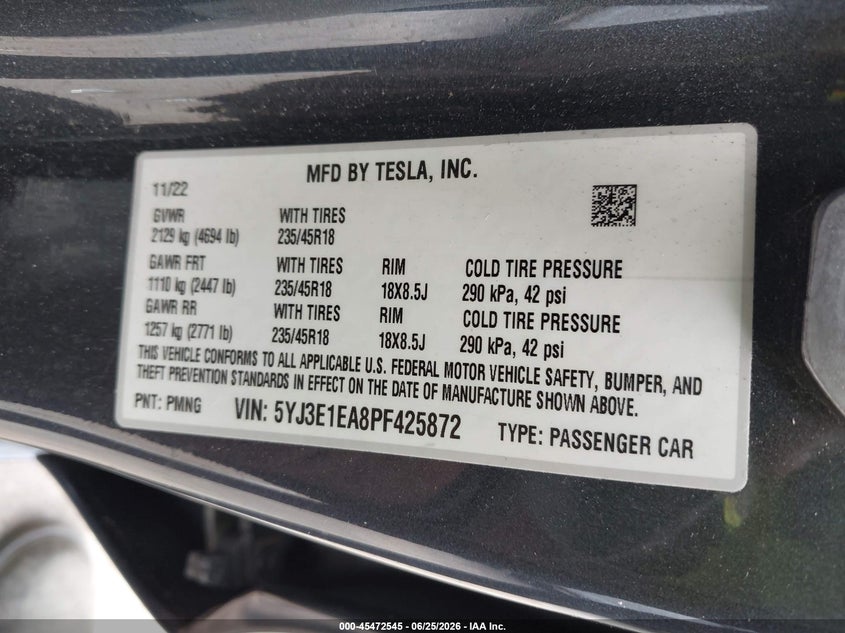 2023 Tesla Model 3 VIN 5YJ3E1EA8PF425872 IAAI salvage auction — REAR END, Mv-907A (New York), sold $5,400 on 2026-07-28 (photo 9)