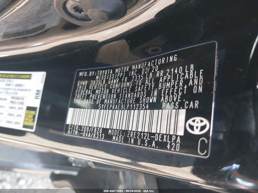2020 Toyota Corolla VIN 5YFEPRAE9LP112354 IAAI salvage auction — FRONT END, Certificate Of Destruction (Florida), sold $3,650 on 2026-08-01 (photo 9)