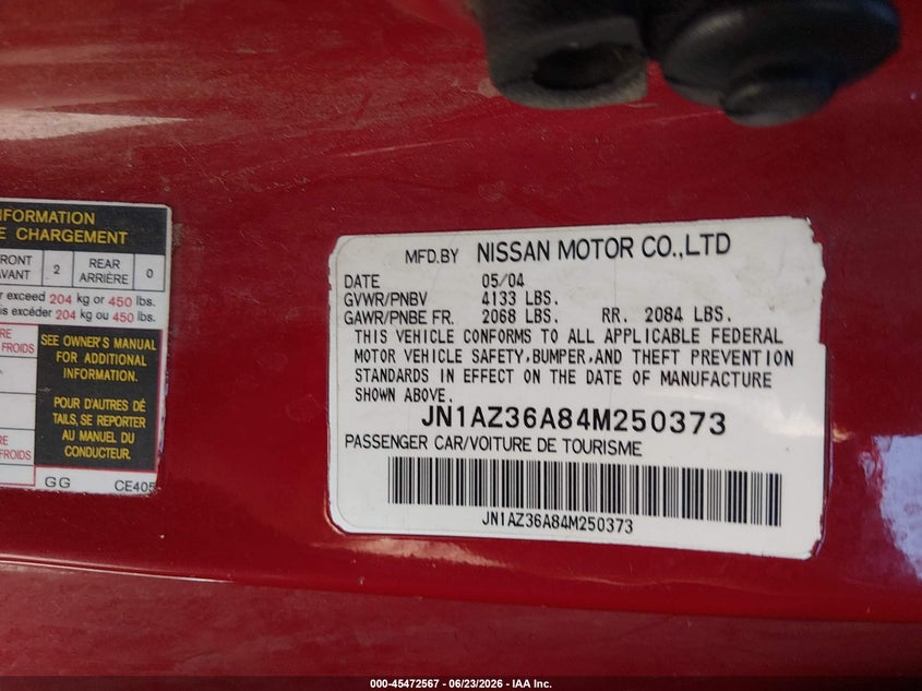 2004 Nissan 350z VIN JN1AZ36A84M250373 IAAI salvage auction — NORMAL WEAR, Clear (New Mexico), sold $600 on 2026-07-29 (photo 9)