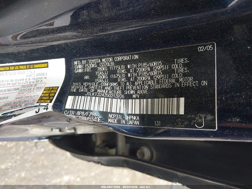 2005 Scion Xb VIN JTLKT324350213926 IAAI salvage auction — SIDE, Salvage (North Carolina), sold $475 on 2026-07-15 (photo 9)