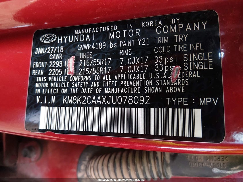 2018 Hyundai Kona VIN KM8K2CAAXJU078092 IAAI salvage auction — SIDE, Salvage Title, sold $2,350 on 2026-08-02 (photo 9)