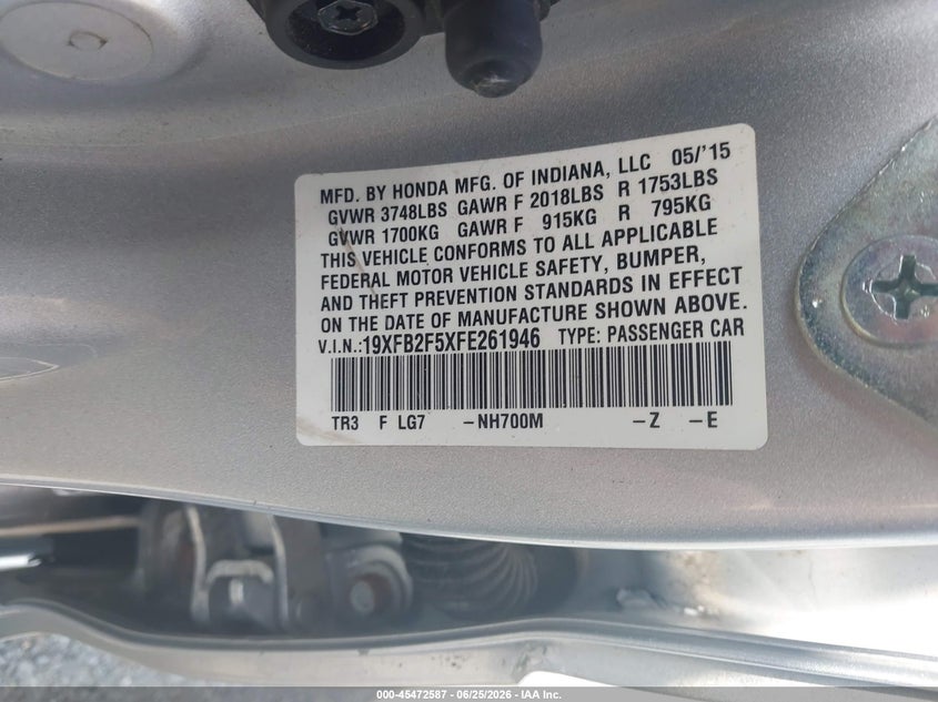 2015 Honda Civic VIN 19XFB2F5XFE261946 IAAI salvage auction — SIDE, Mv-907A (New York), sold $625 on 2026-07-09 (photo 9)