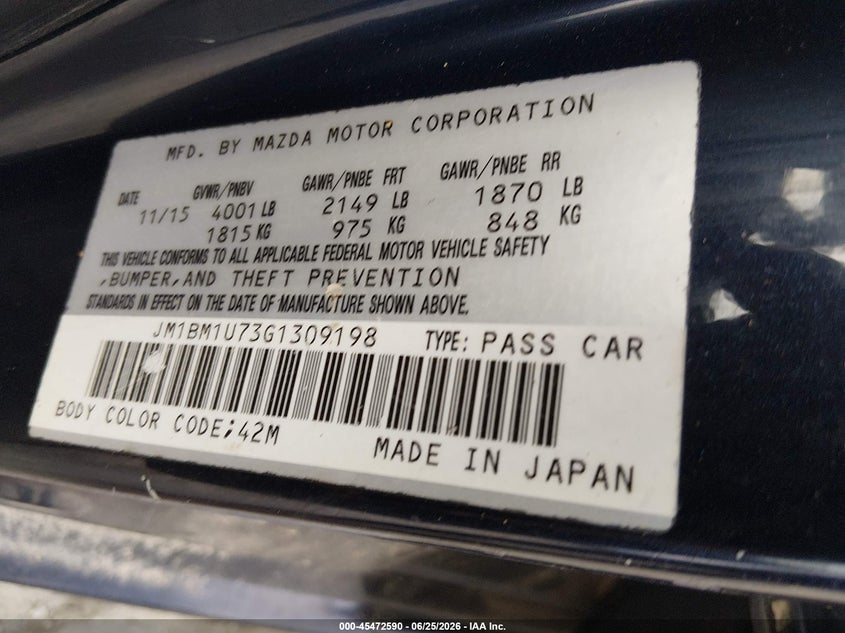2016 Mazda 3 VIN JM1BM1U73G1309198 IAAI salvage auction — NORMAL WEAR, Clear (Georgia), sold $1,600 on 2026-07-06 (photo 9)
