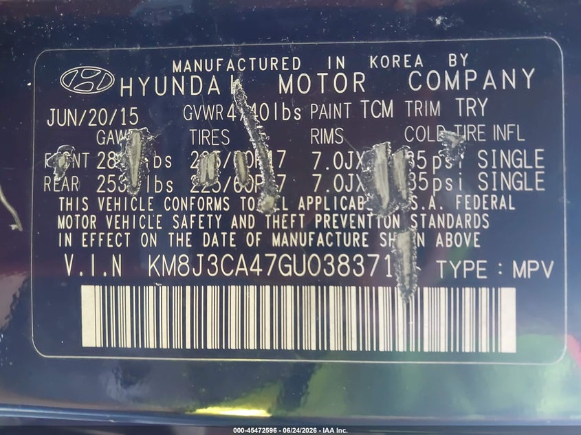 2016 Hyundai Tucson VIN KM8J3CA47GU038371 IAAI salvage auction — NORMAL WEAR, Clear (Tennessee), sold $950 on 2026-07-16 (photo 9)