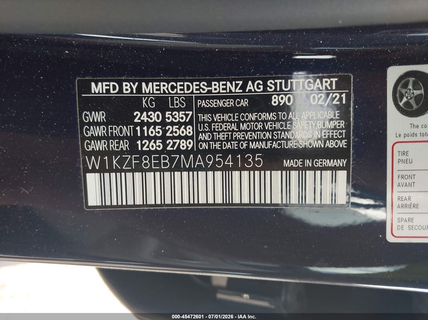 2021 Mercedes-benz E-klasse VIN W1KZF8EB7MA954135 IAAI salvage auction — FRONT END, Salvage (Texas), sold $12,400 on 2026-08-05 (photo 9)