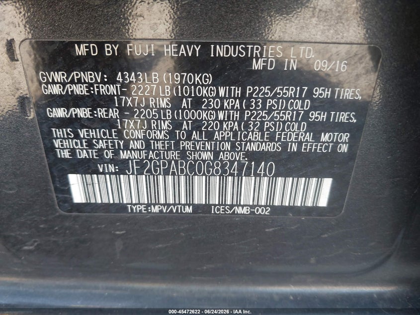 2016 Subaru Xv VIN JF2GPABC0G8347140 IAAI salvage auction — NORMAL WEAR, Clear (Pennsylvania), sold $1,100 on 2026-07-17 (photo 9)