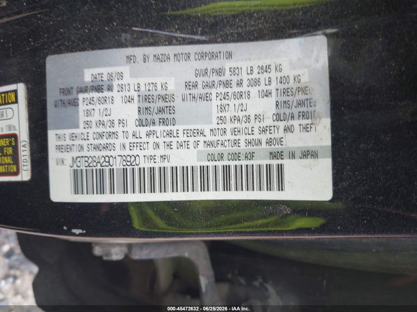 2009 Mazda Cx-9 VIN JM3TB28A290178920 IAAI salvage auction — NORMAL WEAR, Original (Texas), sold $975 on 2026-07-14 (photo 9)