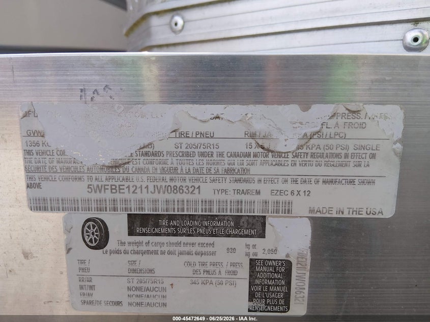 2019 Other Ez hau VIN 5WFBE1211JW086321 IAAI salvage auction — SIDE, Bill Of Sale (New Hampshire), sold $1,400 on 2026-07-09 (photo 9)