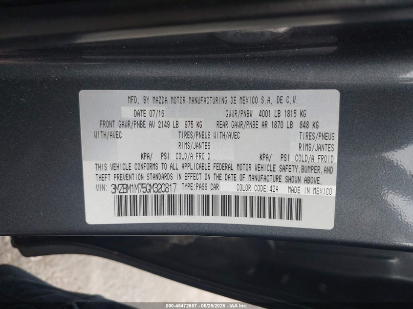 2016 Mazda 3 VIN 3MZBM1M75GM320817 IAAI salvage auction — LEFT REAR, Salvage (California), sold $2,600 on 2026-07-09 (photo 9)