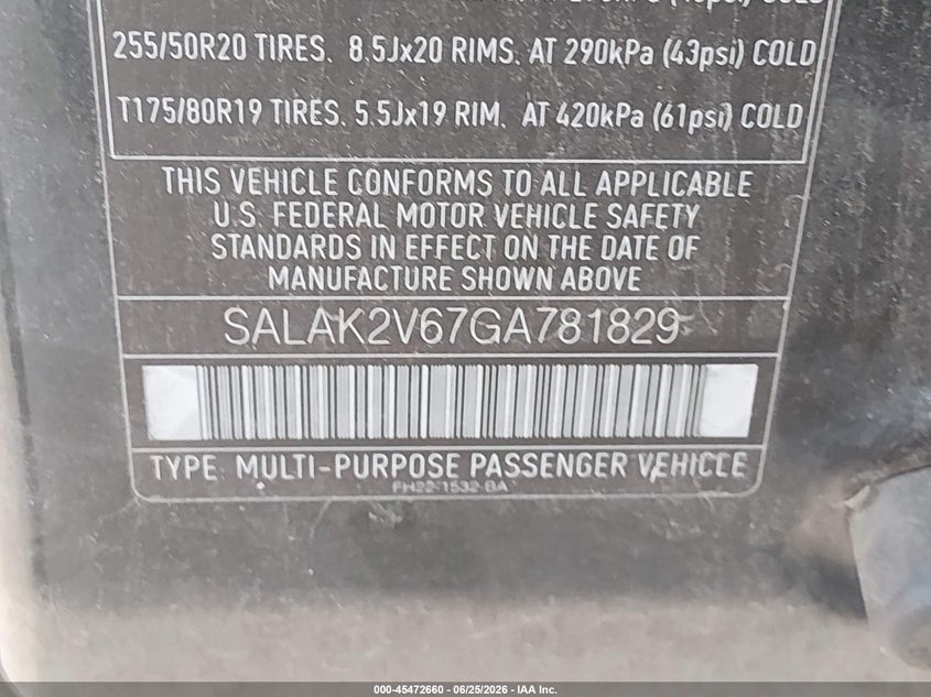 2016 Land rover Lr4 VIN SALAK2V67GA781829 IAAI salvage auction — NORMAL WEAR, Original (Texas), sold $825 on 2026-07-21 (photo 9)
