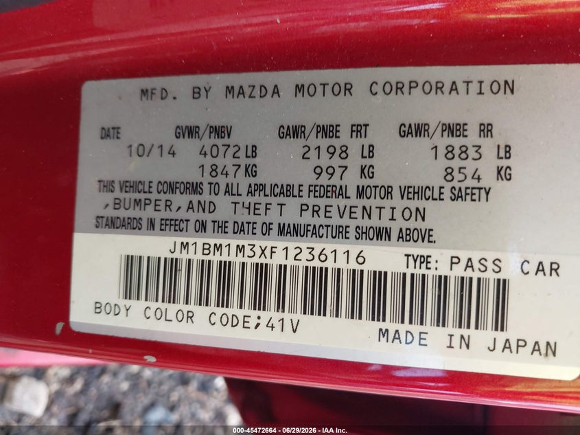 2015 Mazda 3 VIN JM1BM1M3XF1236116 IAAI salvage auction — ALL OVER, Salvage (Ohio), sold $525 on 2026-07-19 (photo 9)