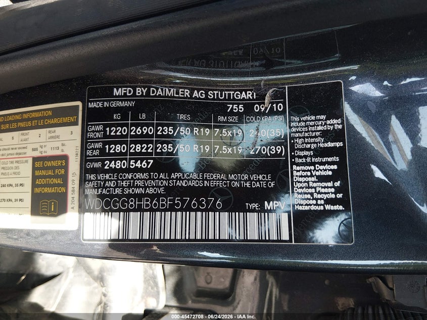 2011 Mercedes-benz Glk-klasse VIN WDCGG8HB6BF576376 IAAI salvage auction — REAR END, Clear (Tennessee), sold $1,500 on 2026-08-13 (photo 9)