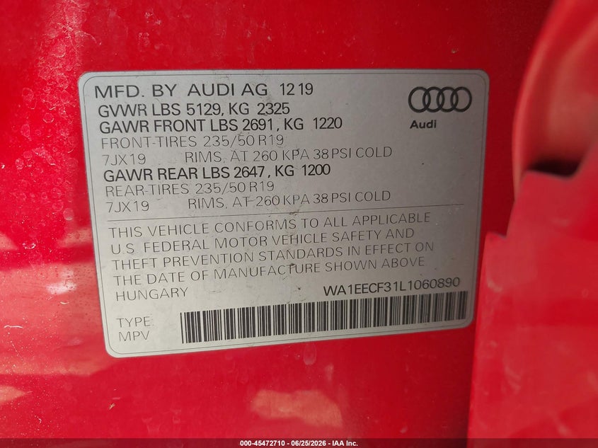 2020 Audi Q3 VIN WA1EECF31L1060890 IAAI salvage auction — REAR END, Salvage (Tennessee), sold $4,400 on 2026-07-29 (photo 9)