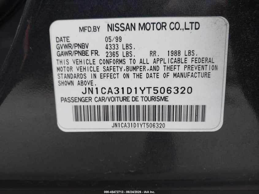 2000 Nissan Maxima VIN JN1CA31D1YT506320 IAAI salvage auction — REAR END, Salvage (California), sold $225 on 2026-07-30 (photo 9)