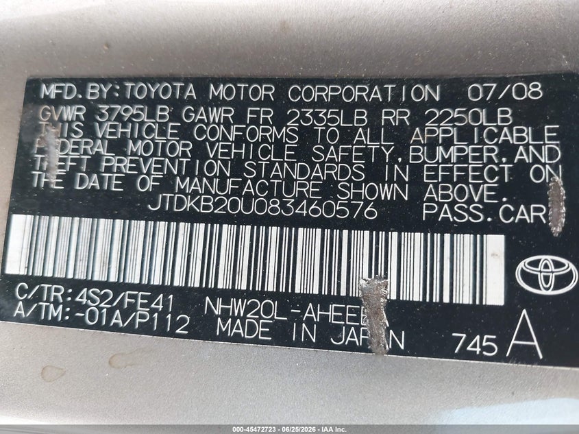 2008 Toyota Prius VIN JTDKB20U083460576 IAAI salvage auction — NORMAL WEAR, Clear - Dealer Only (California), sold $350 on 2026-07-22 (photo 9)