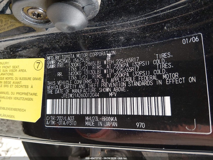 2006 Toyota Highlander hybrid VIN JTEDW21A260012044 IAAI salvage auction — NORMAL WEAR, Clear - Dealer Only (California), sold $1,300 on 2026-07-29 (photo 9)