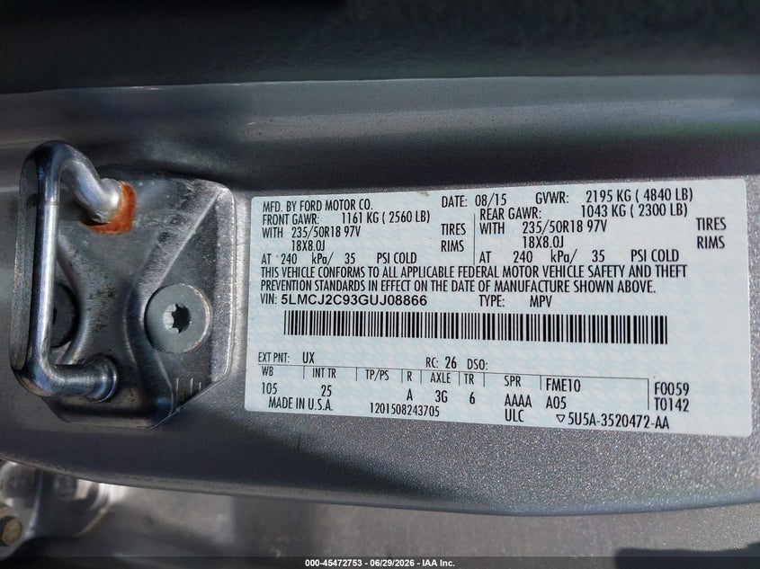 2016 Lincoln Mkc VIN 5LMCJ2C93GUJ08866 IAAI salvage auction — FRONT END, Salvage (South Carolina), sold $775 on 2026-07-18 (photo 9)