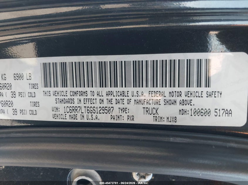 2016 Ram 1500 VIN 1C6RR7LT6GS129507 IAAI salvage auction — LEFT SIDE, Salvage (California), sold $3,350 on 2026-07-22 (photo 9)