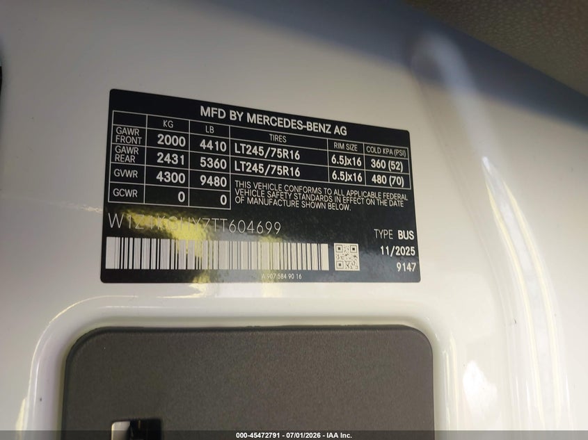 2026 Mercedes-benz Sprinter VIN W1Z4KGHY7TT604699 IAAI salvage auction — ROOF, Enterprise Vehicles Clear Only (Florida), sold $40,650 on 2026-07-30 (photo 9)