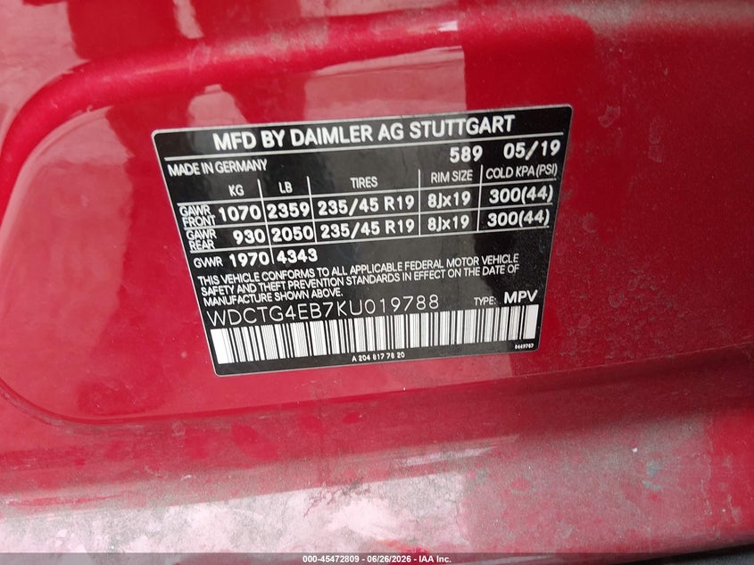 2019 Mercedes-benz Gla-klasse VIN WDCTG4EB7KU019788 IAAI salvage auction — LEFT FRONT, Salvage Title, sold $6,100 on 2026-08-12 (photo 9)