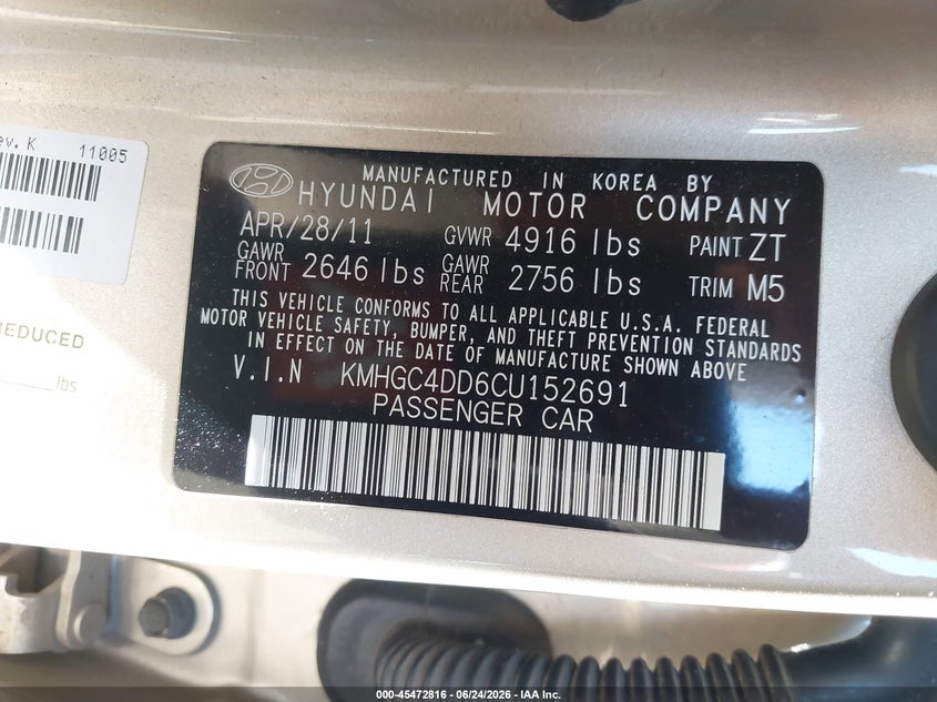 2012 Hyundai Genesis VIN KMHGC4DD6CU152691 IAAI salvage auction — FRONT END, Salvage (California), sold $800 on 2026-08-02 (photo 9)