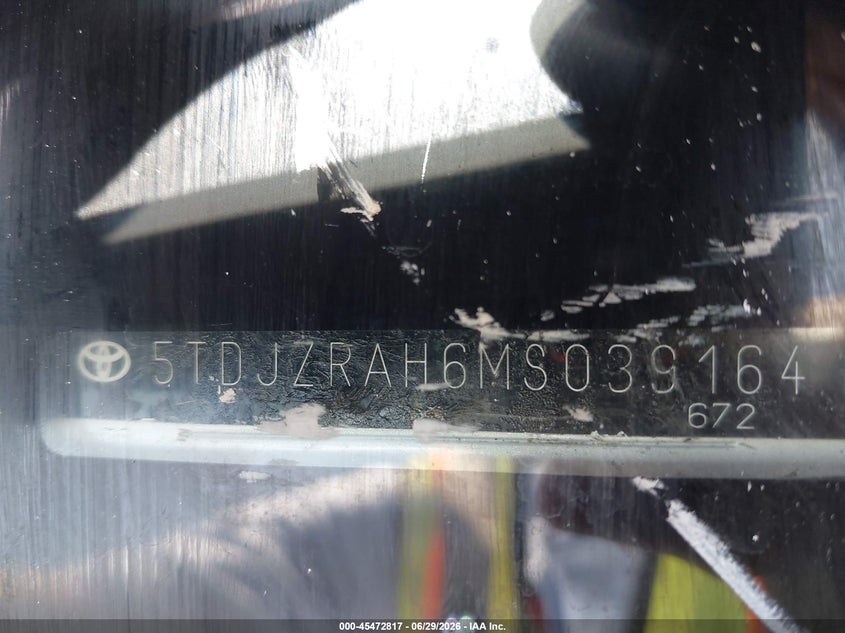 2021 Toyota Highlander VIN 5TDJZRAH6MS039164 IAAI salvage auction — THEFT, Clear - Dealer Only (California), sold $17,125 on 2026-07-20 (photo 9)