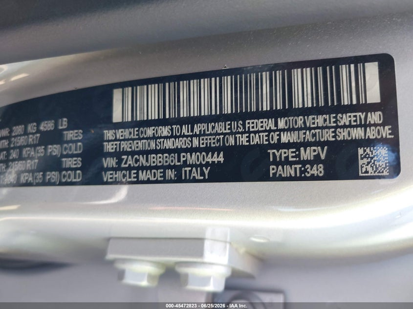 2020 Jeep Renegade VIN ZACNJBBB6LPM00444 IAAI salvage auction — LEFT FRONT, Salvage (Virginia), sold $2,350 on 2026-08-18 (photo 9)