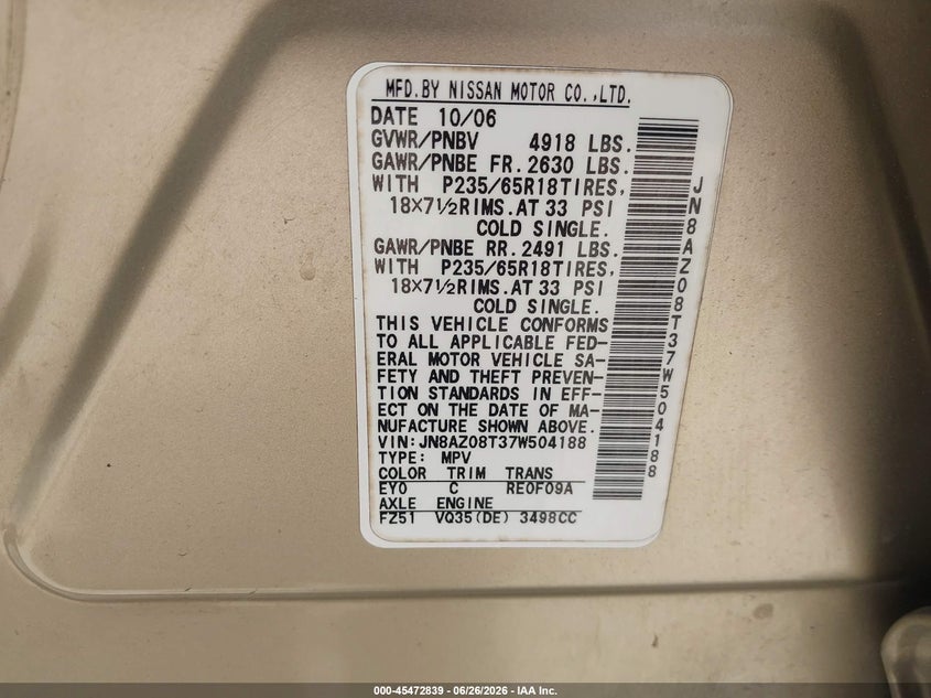 2007 Nissan Murano VIN JN8AZ08T37W504188 IAAI salvage auction — NORMAL WEAR, Original (Texas), sold $50 on 2026-07-14 (photo 9)