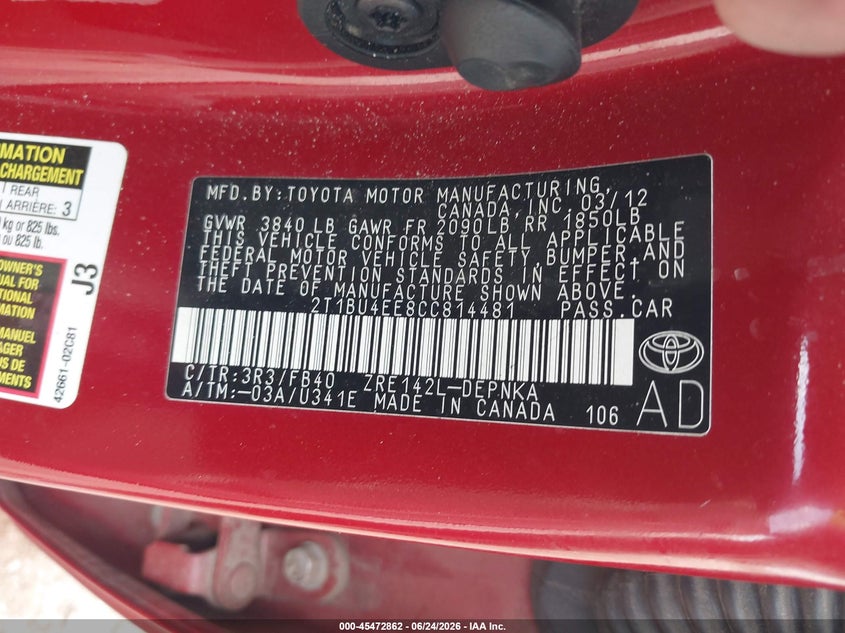 2012 Toyota Corolla VIN 2T1BU4EE8CC814481 IAAI salvage auction — FRONT END, Salvage (Arizona), sold $1,950 on 2026-07-09 (photo 9)