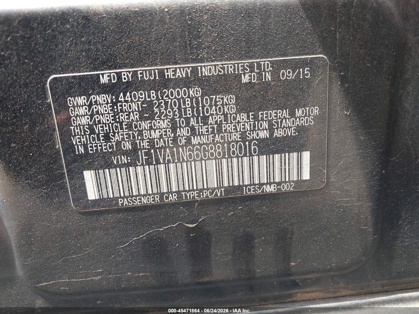 2016 Subaru Wrx VIN JF1VA1N66G8818016 IAAI salvage auction — FRONT END, Salvage Title, sold $75 on 2026-07-27 (photo 9)