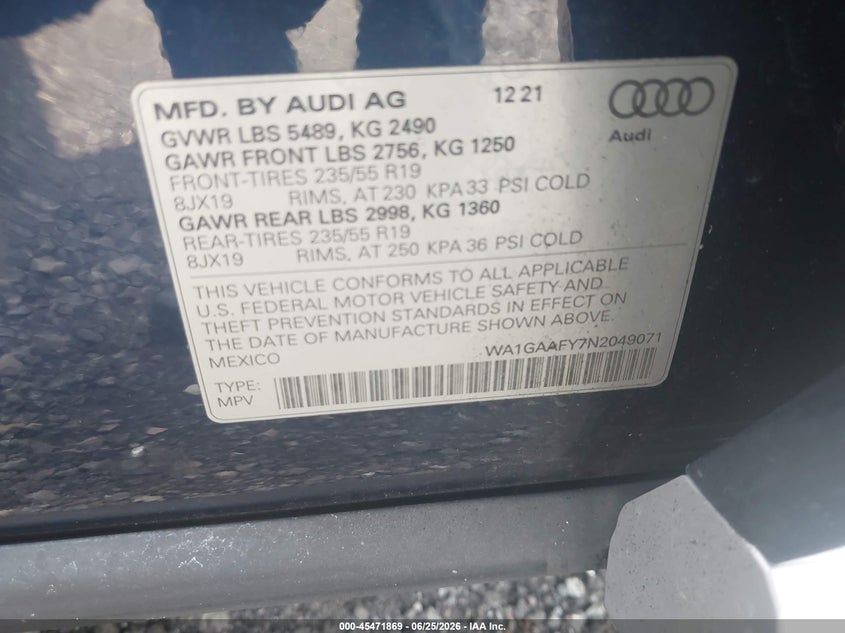 2022 Audi Q5 VIN WA1GAAFY7N2049071 IAAI salvage auction — FRONT END, Salvage (Virginia), sold $11,300 on 2026-08-01 (photo 9)