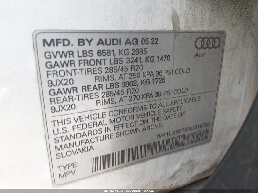 2022 Audi Q7 VIN WA1LXBF79ND018709 IAAI salvage auction — LEFT SIDE, Salvage Title, sold $16,200 on 2026-07-29 (photo 9)