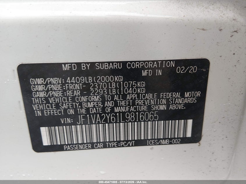 2020 Subaru Wrx sti VIN JF1VA2Y61L9816065 IAAI salvage auction — WATER/FLOOD, Salvage (Texas), sold $25 on 2026-07-29 (photo 9)