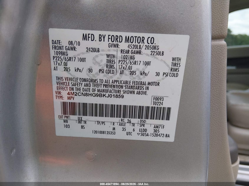 2011 Mercury Mariner VIN 4M2CN8HG9BKJ01859 IAAI salvage auction — FRONT END, Salvage (South Carolina), sold $350 on 2026-08-01 (photo 9)