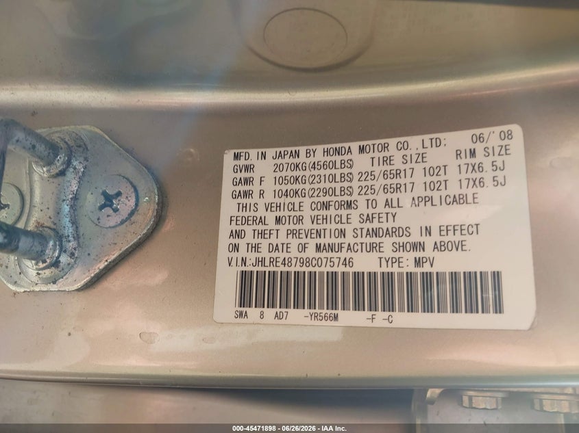 2008 Honda Cr-v VIN JHLRE48798C075746 IAAI salvage auction — ROLLOVER, Salvage (Utah), sold $400 on 2026-07-30 (photo 9)
