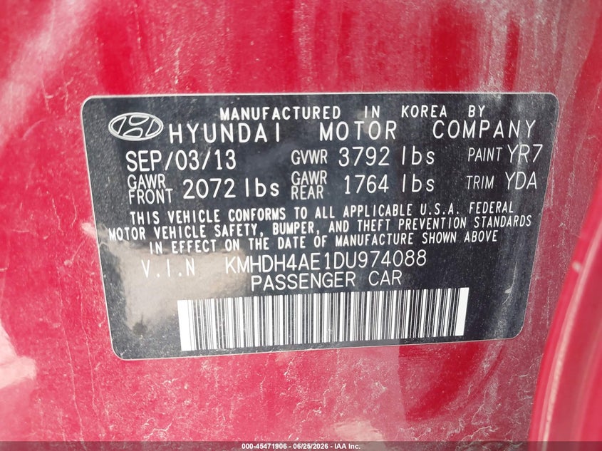 2013 Hyundai Elantra VIN KMHDH4AE1DU974088 IAAI salvage auction — SUSPENSION, Salvage (Texas), sold $475 on 2026-07-29 (photo 9)