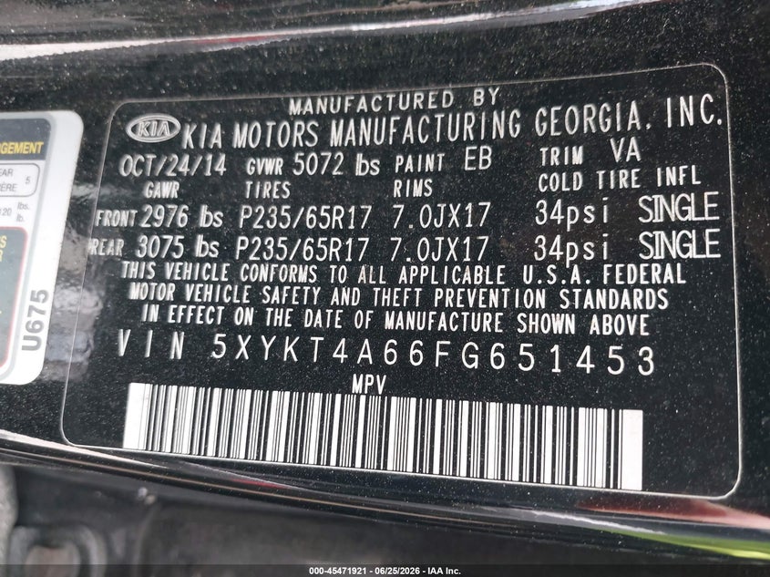 2015 Kia Sorento VIN 5XYKT4A66FG651453 IAAI salvage auction — ROLLOVER, Rebuildable (Florida), sold $25 on 2026-07-16 (photo 9)