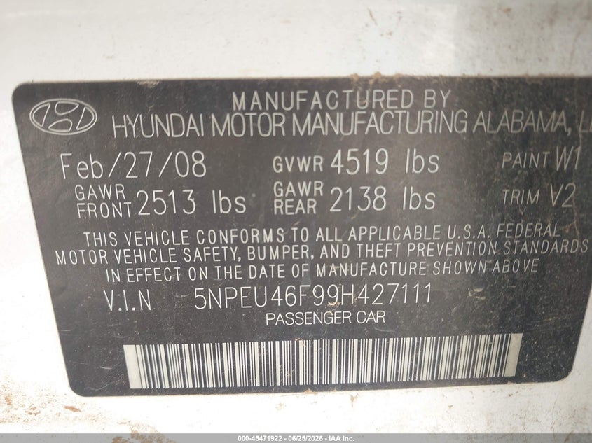 2009 Hyundai Sonata VIN 5NPEU46F99H427111 IAAI salvage auction — NORMAL WEAR, Original (Texas), sold $475 on 2026-07-07 (photo 9)