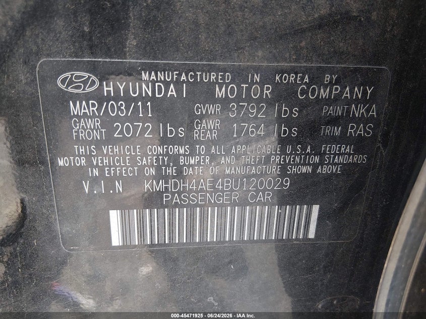 2011 Hyundai Elantra VIN KMHDH4AE4BU120029 IAAI salvage auction — NORMAL WEAR, Clear (Pennsylvania), sold $500 on 2026-07-27 (photo 9)